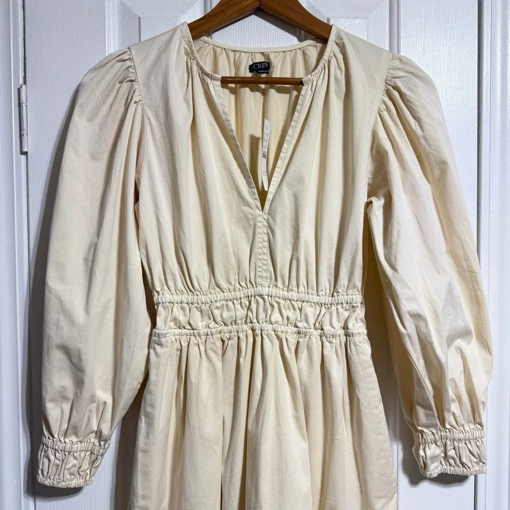 NWT J.Crew Long-sleeve smocked-waist midi dress in lightweight chino cream